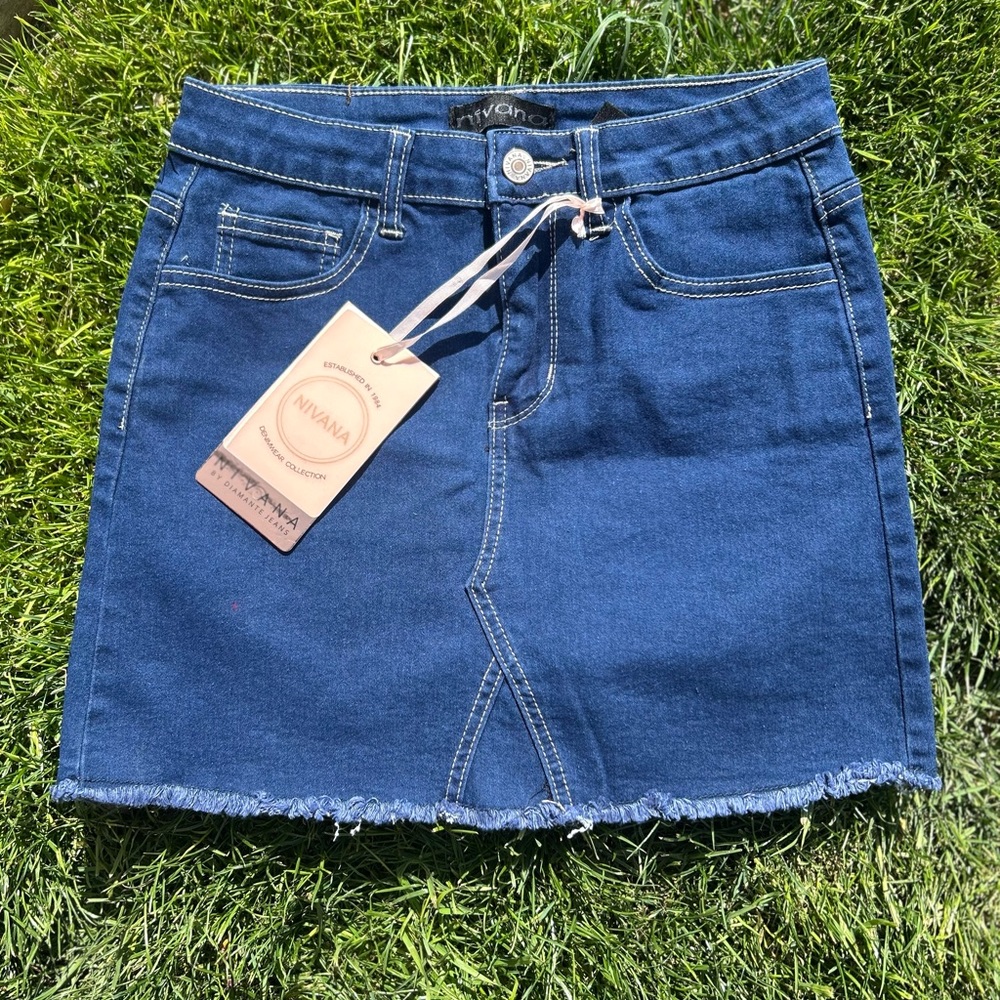 Fringe Hem Blue Denim Mini Skirt NWT